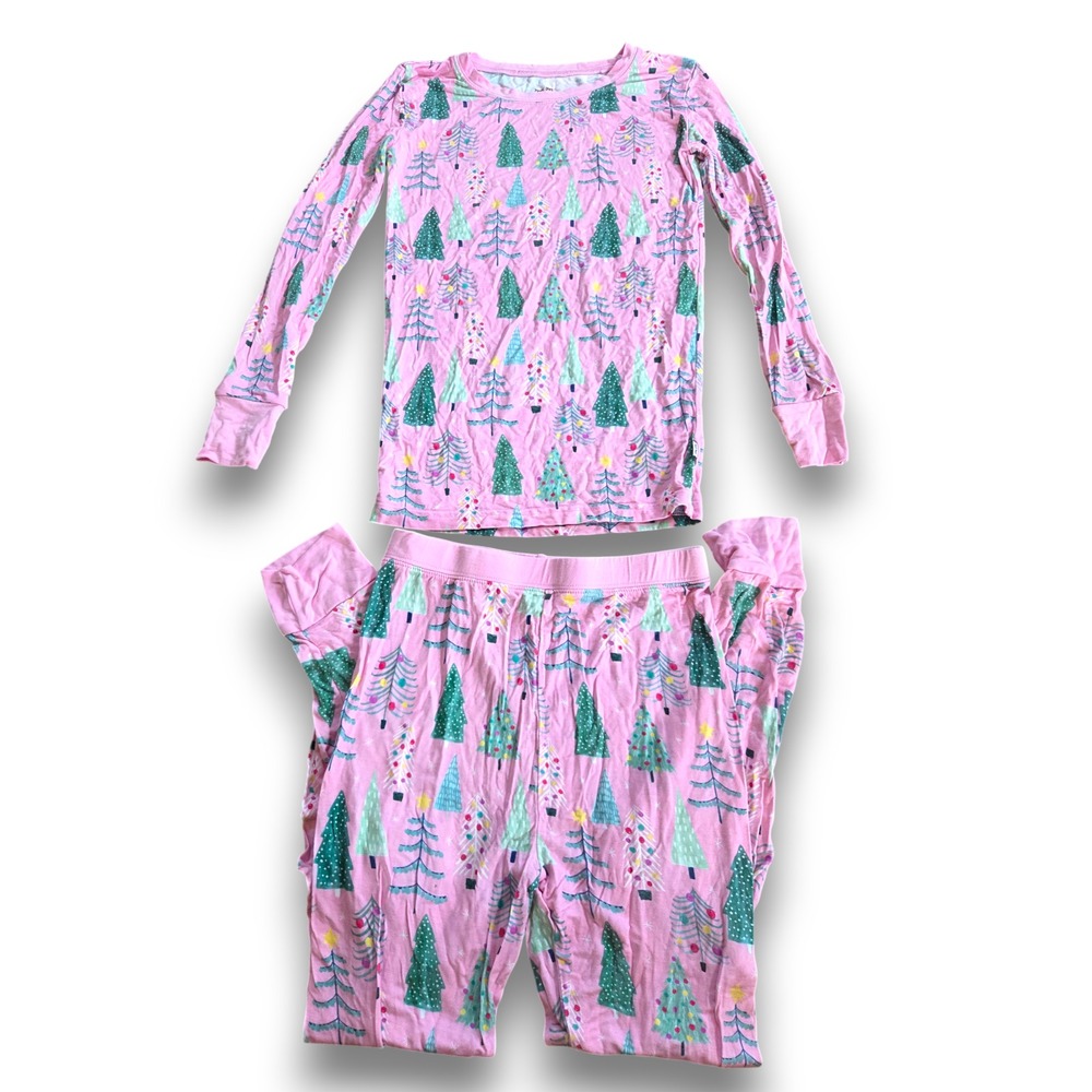 Little Sleepies Pink Christmas Tree Holiday Pajamas Set Bamboo Girls 9/10